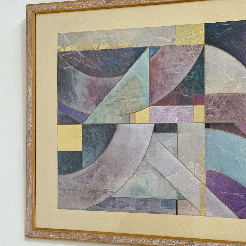 Pair of large Richard Hall geometric abstract mixed media lithographs with gold