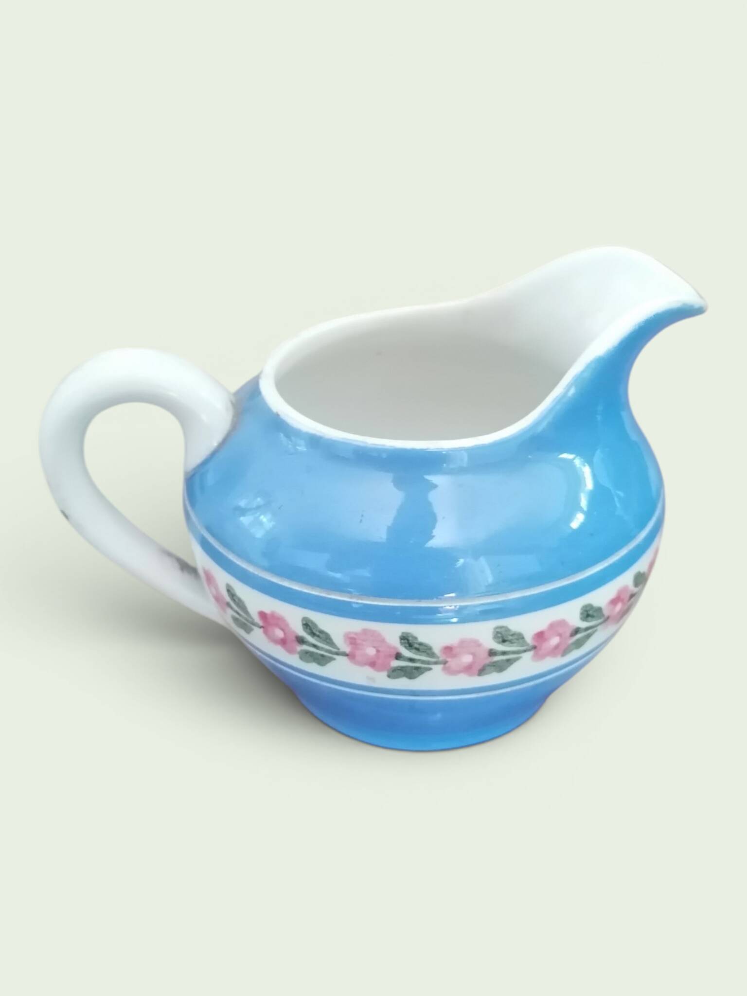 Service à thé en faience ancienne bleu et rose. Sarreguemine 1950