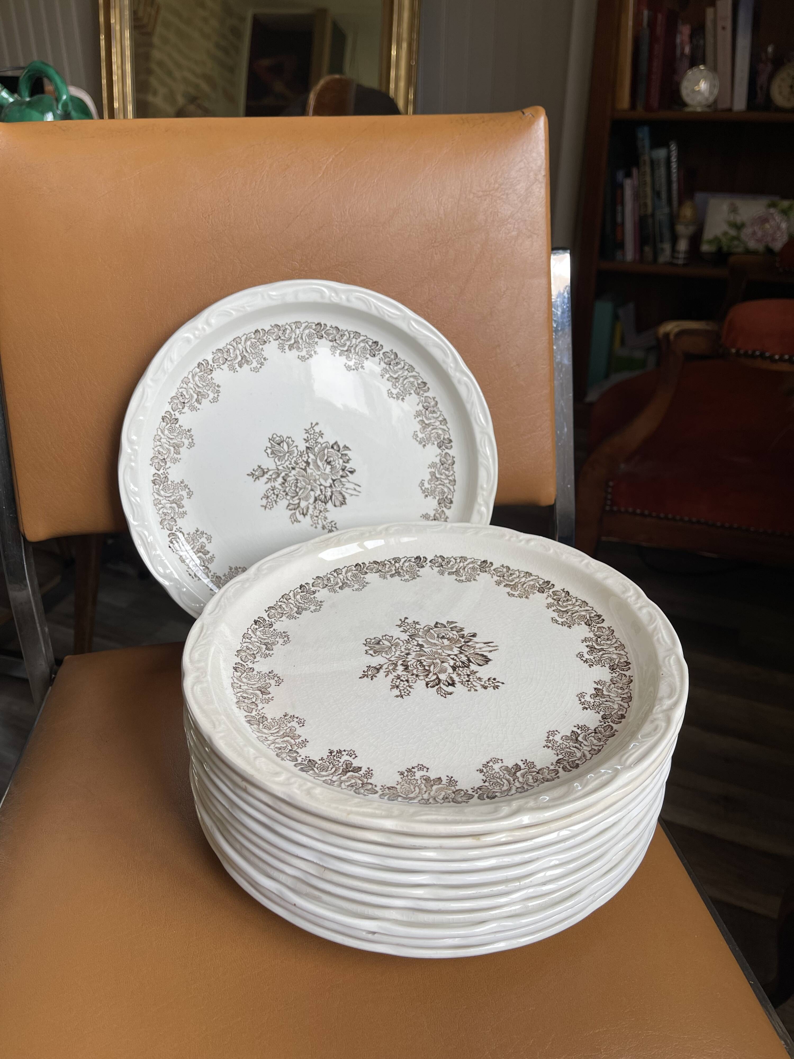 12 Digoin plates with brown flowers