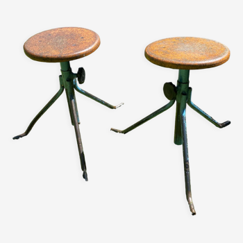 Two height-adjustable workshop stools, 50s/60s