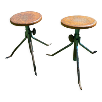 Two height-adjustable workshop stools, 50s/60s