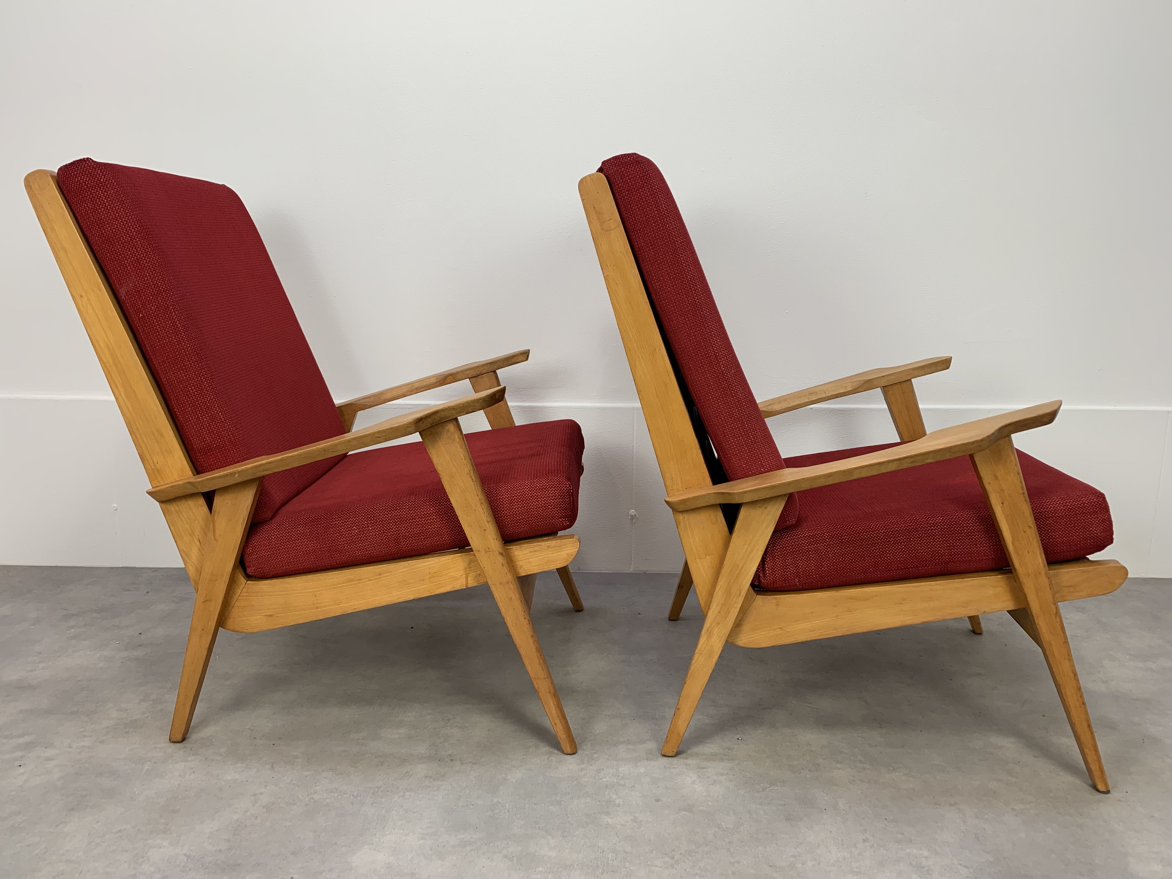 Pair of 50s vintage boomerang armchairs velvet and wood