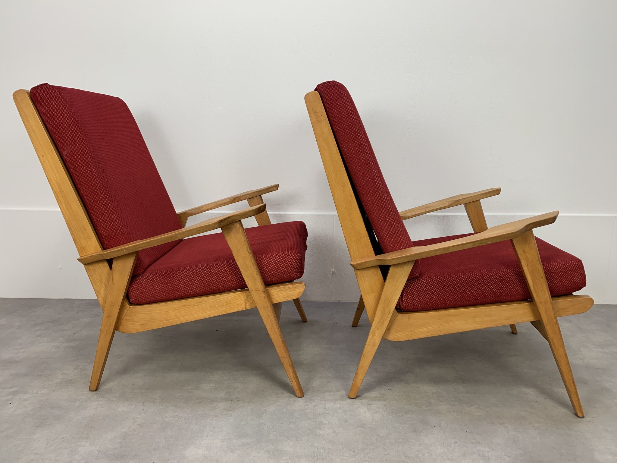 Pair of 50s vintage boomerang armchairs velvet and wood