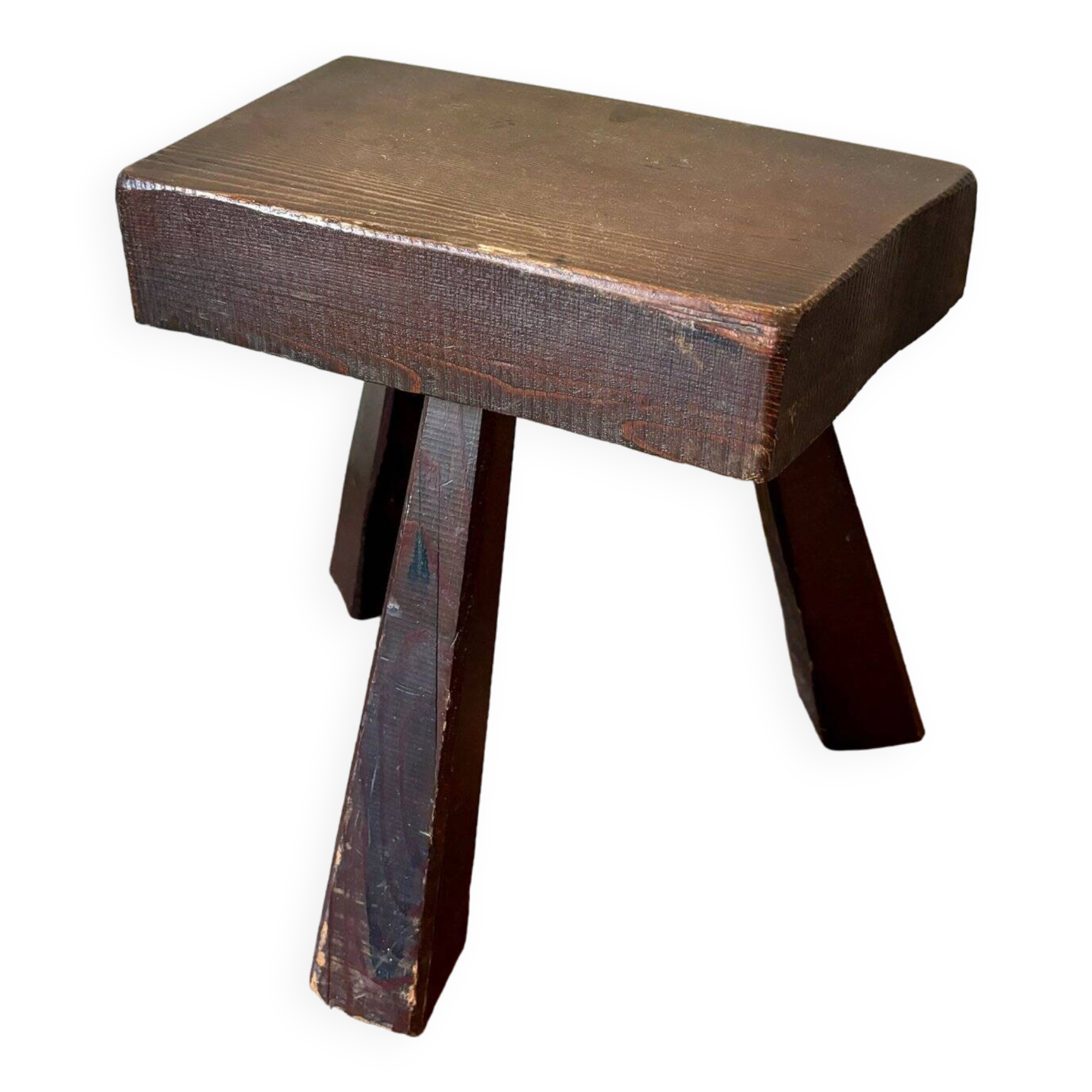 Brutalist tripod stool in dark wood