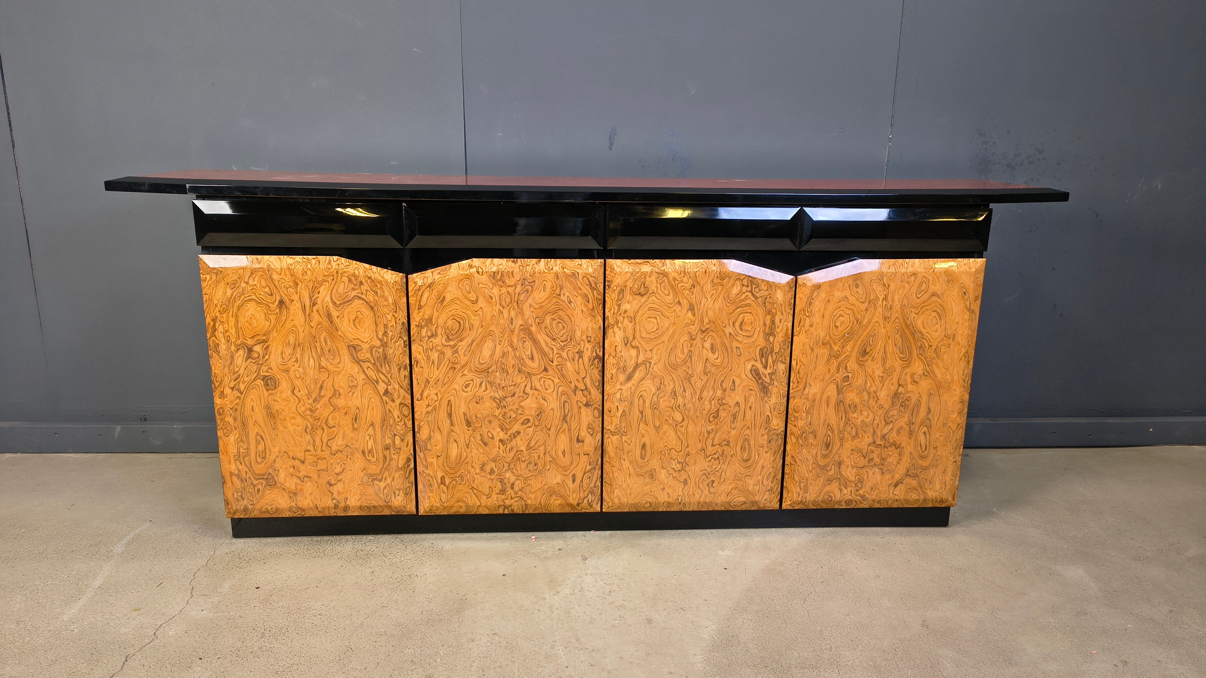 Vintage lacquer and burl wood credenza, 1980s