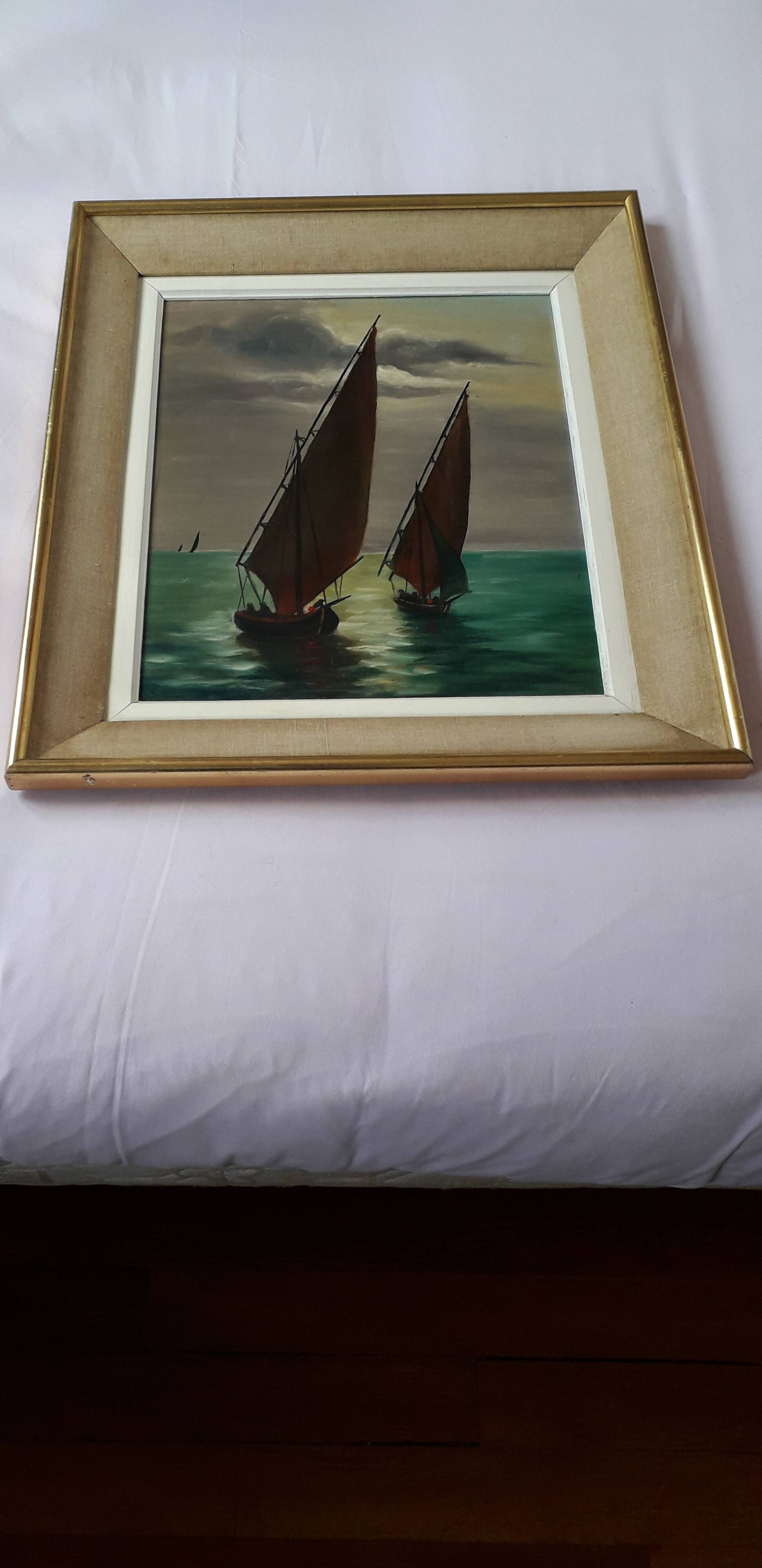 Antique oil painting depicting a marine scene.