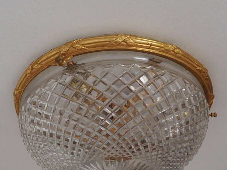 Bronze Cut Glass Ceiling Light: Mid-Century French Louis XVI Ceiling Lamp