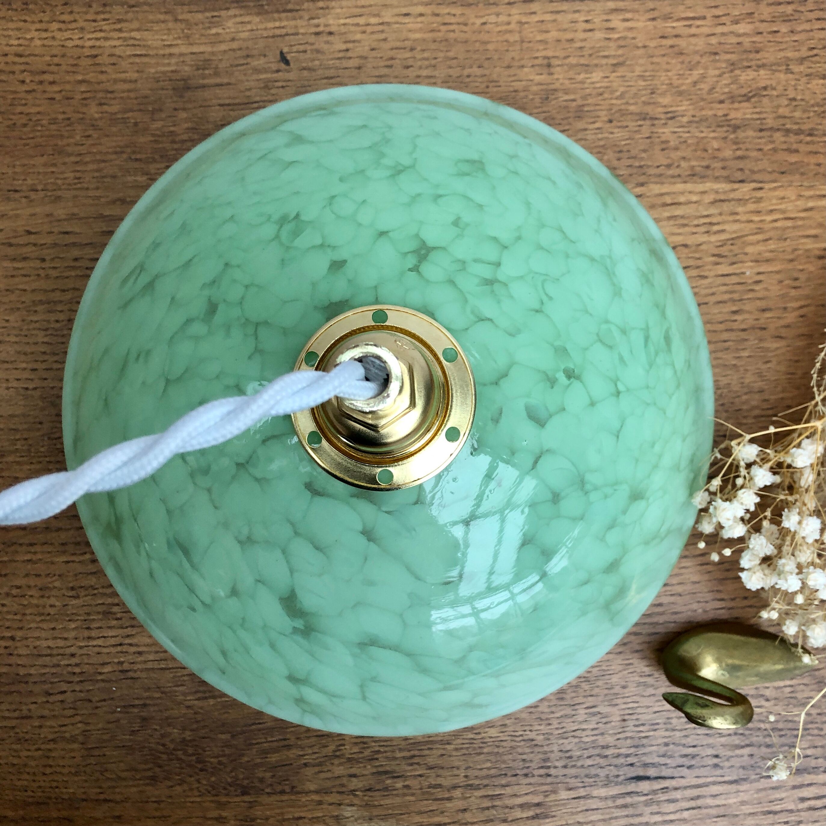 Suspension abat-jour vintage en verre de Clichy vert