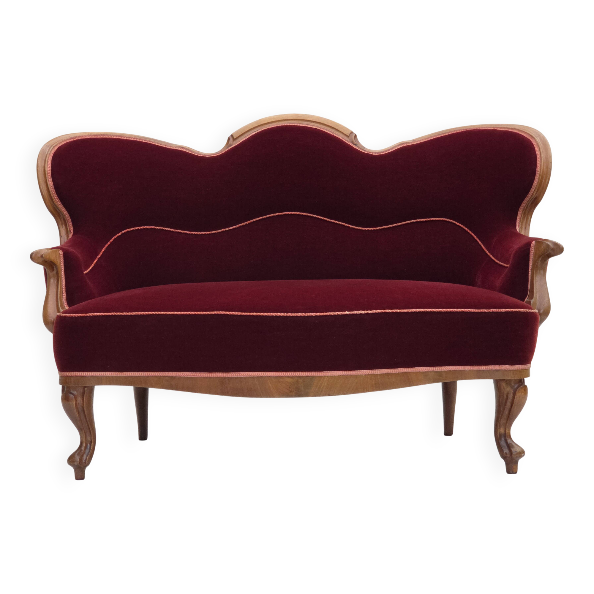 1930s, Danish 2-seater sofa, furniture velour, ash wood, reupholstered.