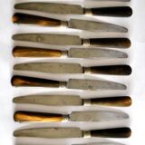 Set of 12 antique table knives from 1900 with horn handles and forged steel blades, Paris, 24.5 cm long.