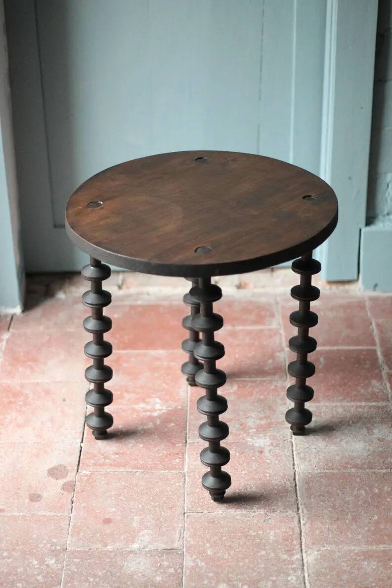 Wooden table with spool legs, coffee table, wooden side table, wooden end table, vintage round table, wooden table.