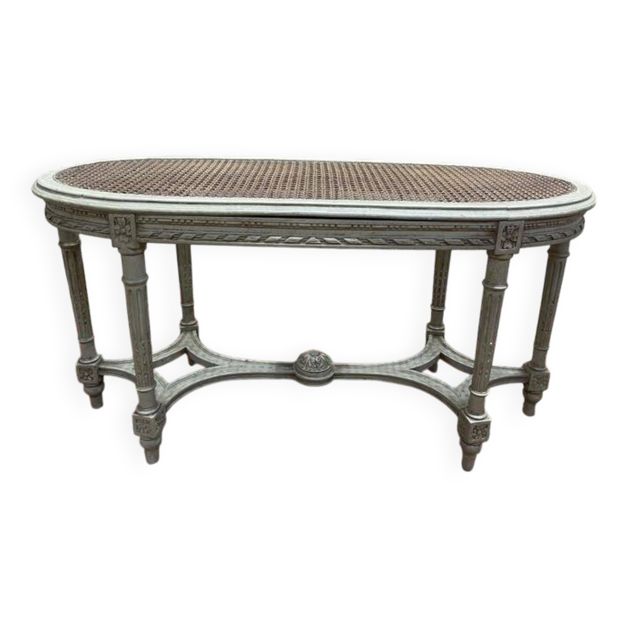 Banquette de piano Louis XVI en cannage et bois rechampi