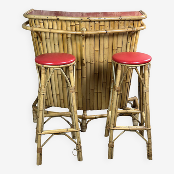 Bamboo Tiki bar and its 2 vintage stools 1960'S