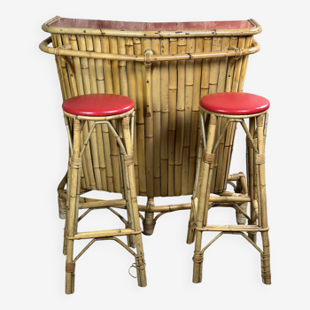 Bar Tiki en bambou et ses 2 tabourets vintage 1960'S