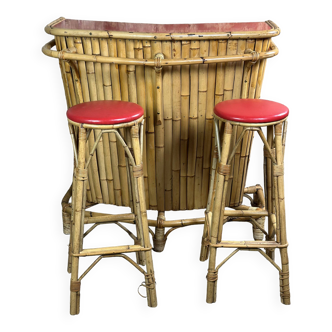 Bamboo Tiki bar and its 2 vintage stools 1960'S