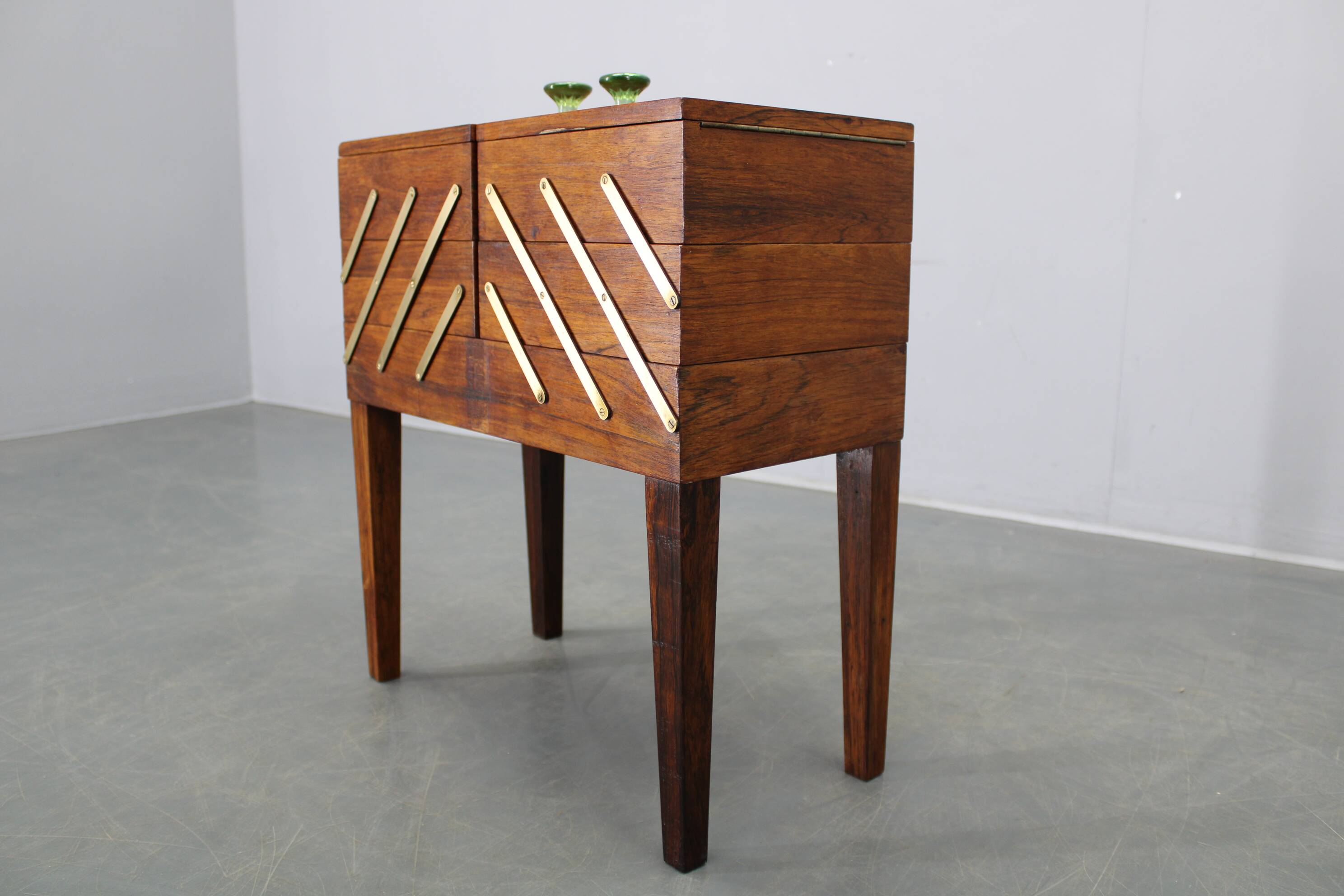 Danish mid-century unfolding sewing box in wood and brass, 1960s