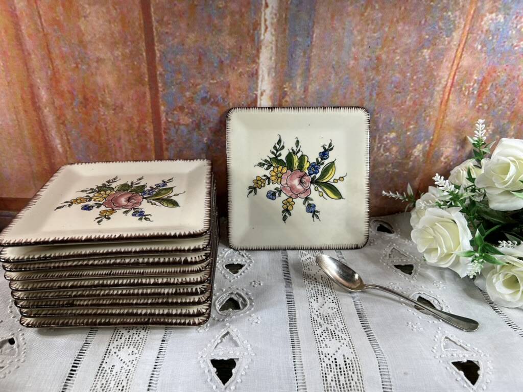 10 Square Dessert Plates by Emile Tessier, Malicorne