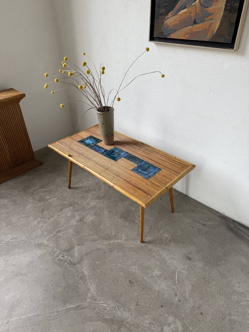 Rattan and ceramic coffee table, 60s