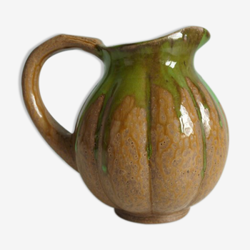 Brown green enamelled ceramic rib pitcher