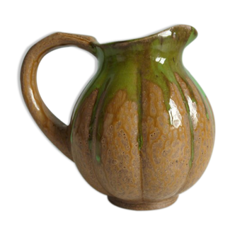 Brown green enamelled ceramic rib pitcher