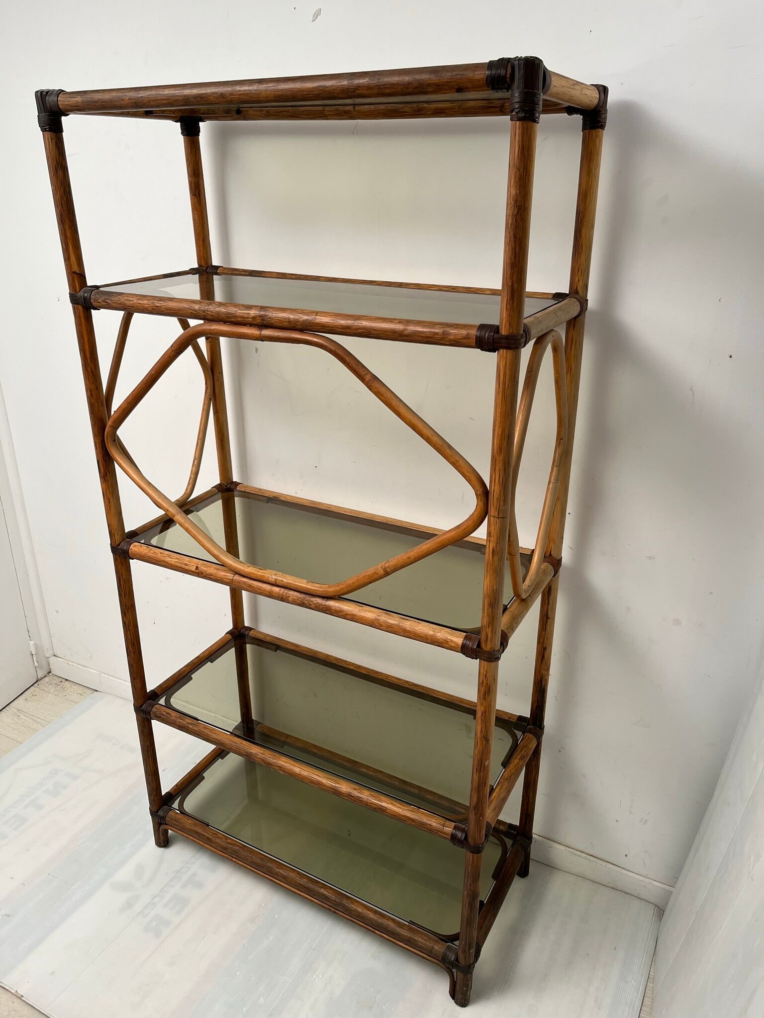 Showcase shelf in vintage smoked glass bamboo