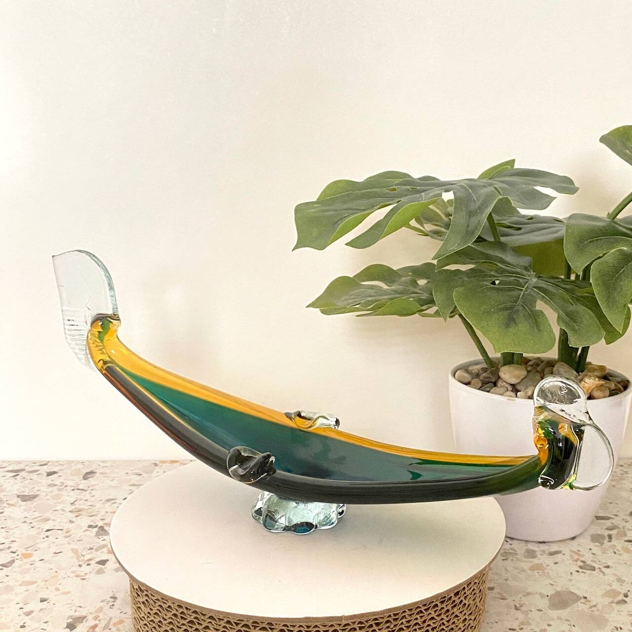 Dark green & amber Murano glass gondola- Sommerso