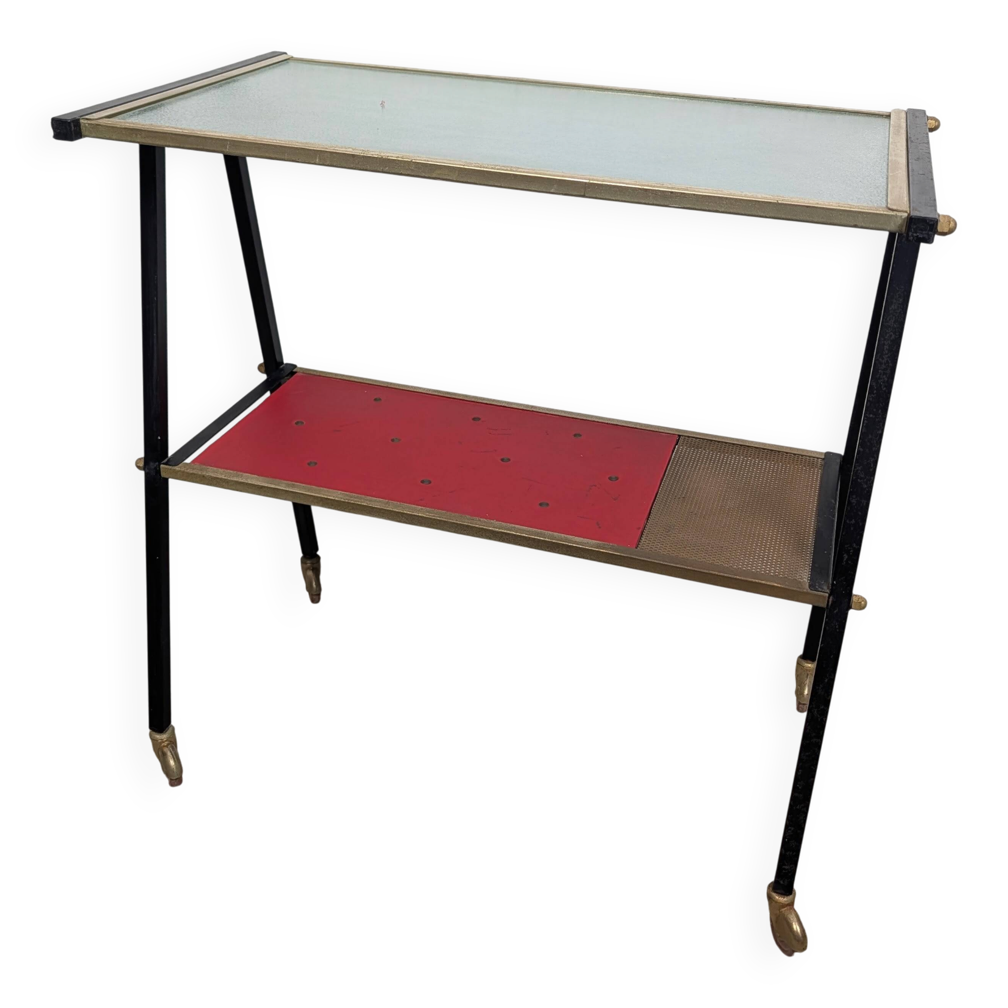 Vintage 1950s rolling dessert trolley with two shelves.