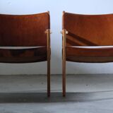 Pair of vintage Per-Olof Scotte "Premier 69" oak armchairs in cognac leather