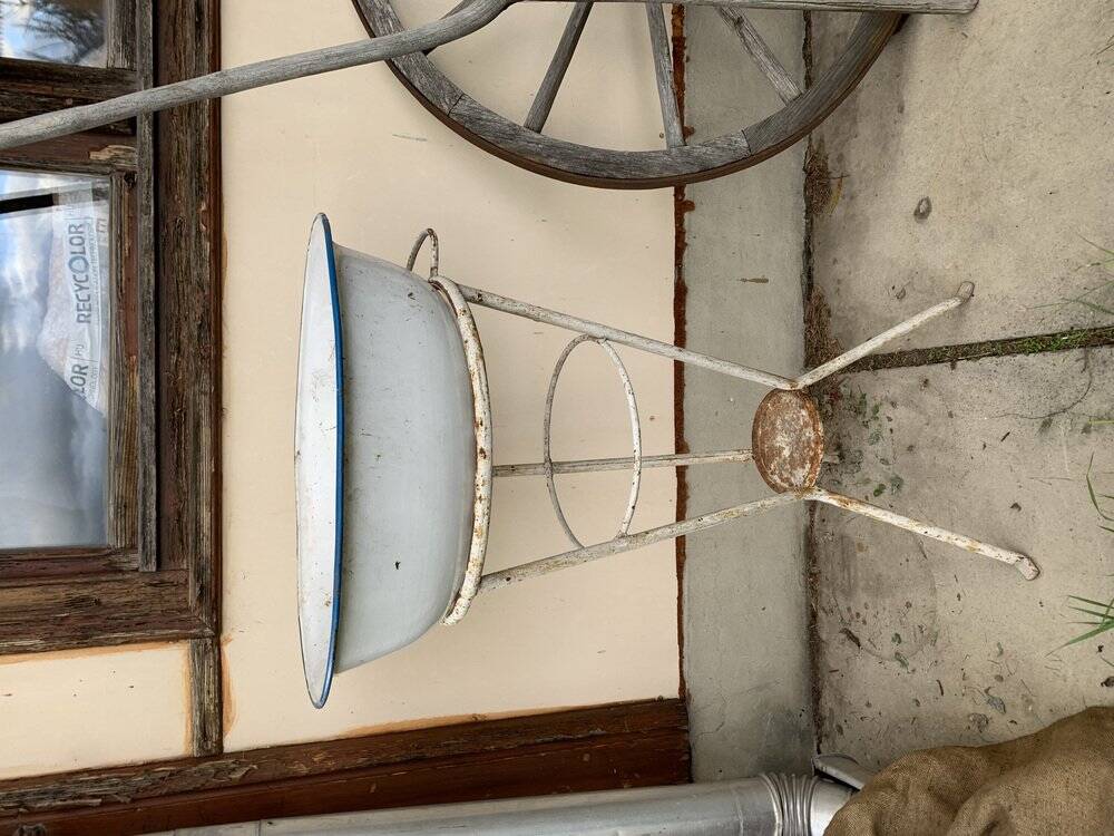 Set of 2 off-white enamelled metal washing machines/planters, blue rim, vintage industrial style.