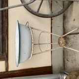 Set of 2 off-white enamelled metal washing machines/planters, blue rim, vintage industrial style.