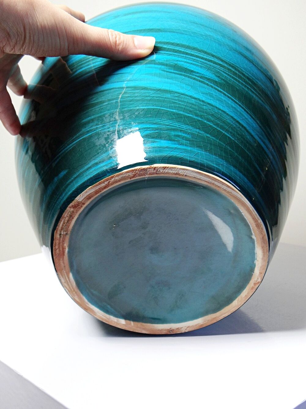 Large ceramic vase with mixed clays, malachite green glaze, 1950s-70s.