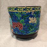 Beautiful large Longwy enamel cachepot with a cabin and chrysanthemum cartouche