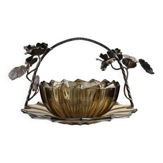 Art Deco Bowl and Dish in Glass and Wrought Iron, Belgium 1920s