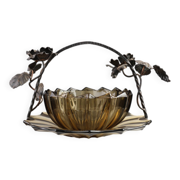 Art Deco Bowl and Dish in Glass and Wrought Iron, Belgium 1920s