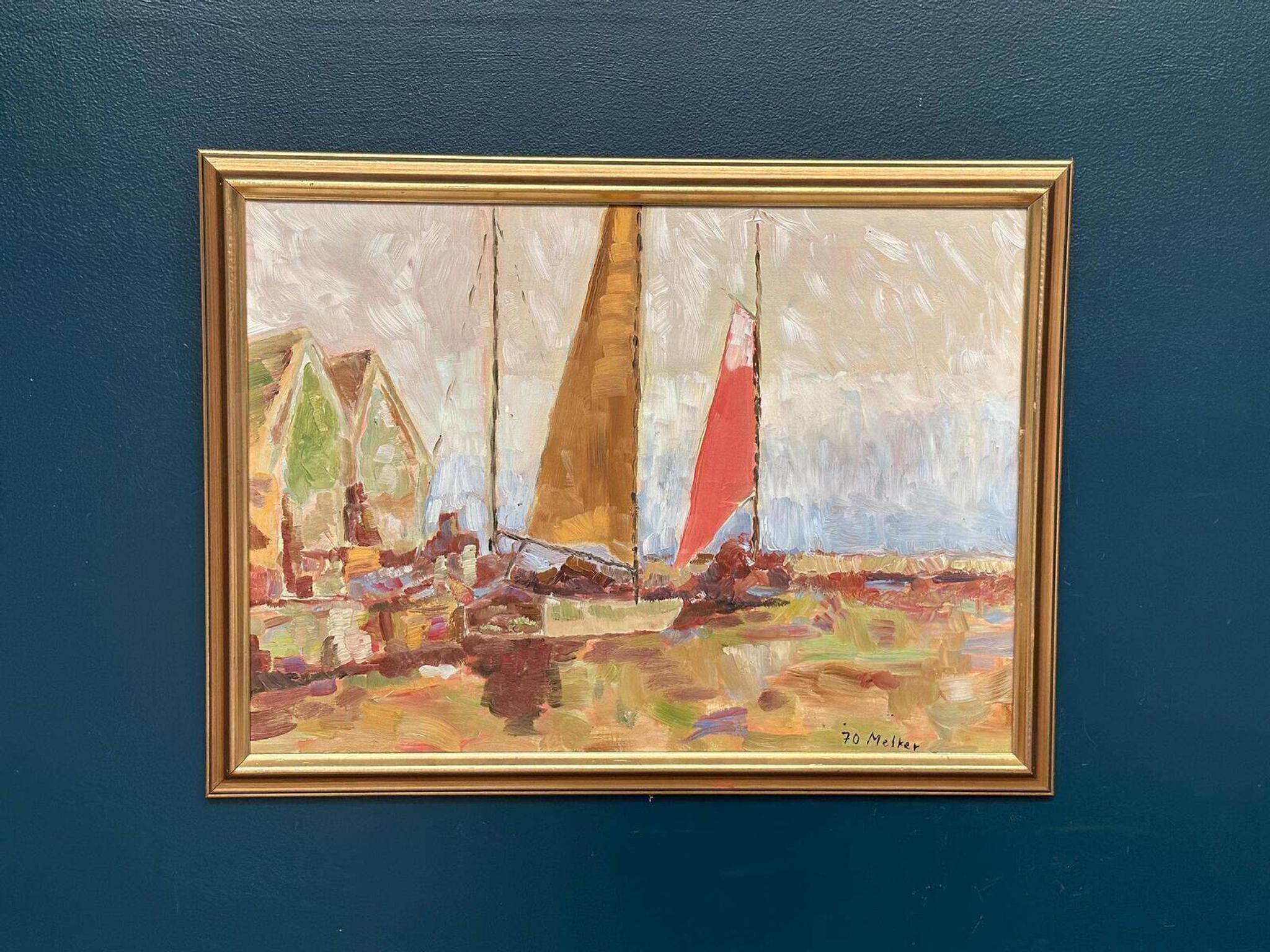 Original Swedish Oil On Canvas – “Sailing Ships” By Melker – Dated 70, Vintage & Framed – 57 × 75 Cm (22.4" × 29.5")