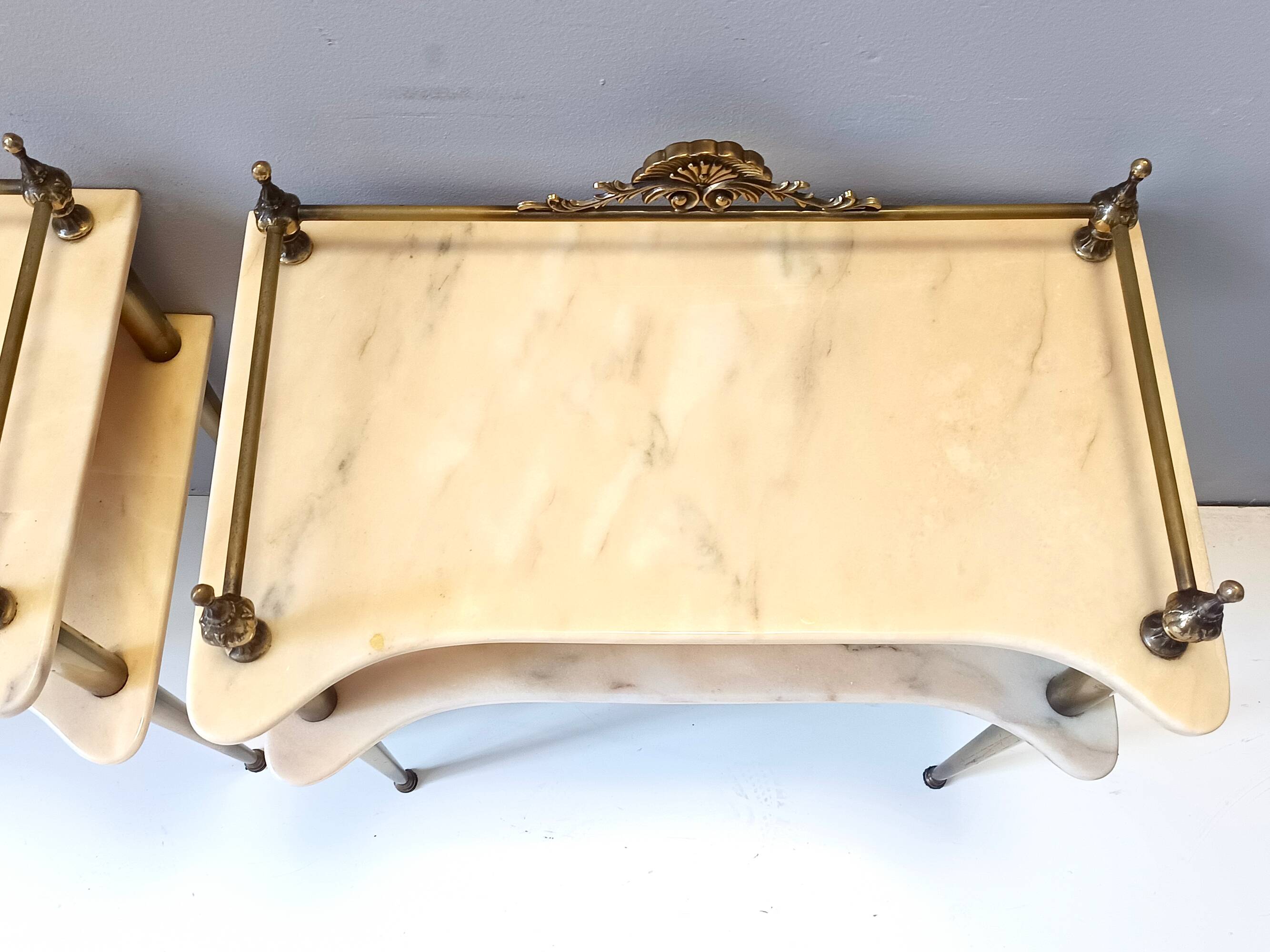 Pair of Nightstands / Console Tables with Marble Tops and Brass Legs, Italy