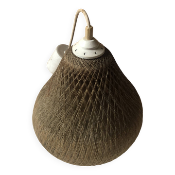 Pendant light with dark beige braided wire vintage 70s
