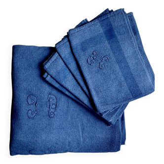 Tablecloth set + 6 antique napkins monogrammed JD