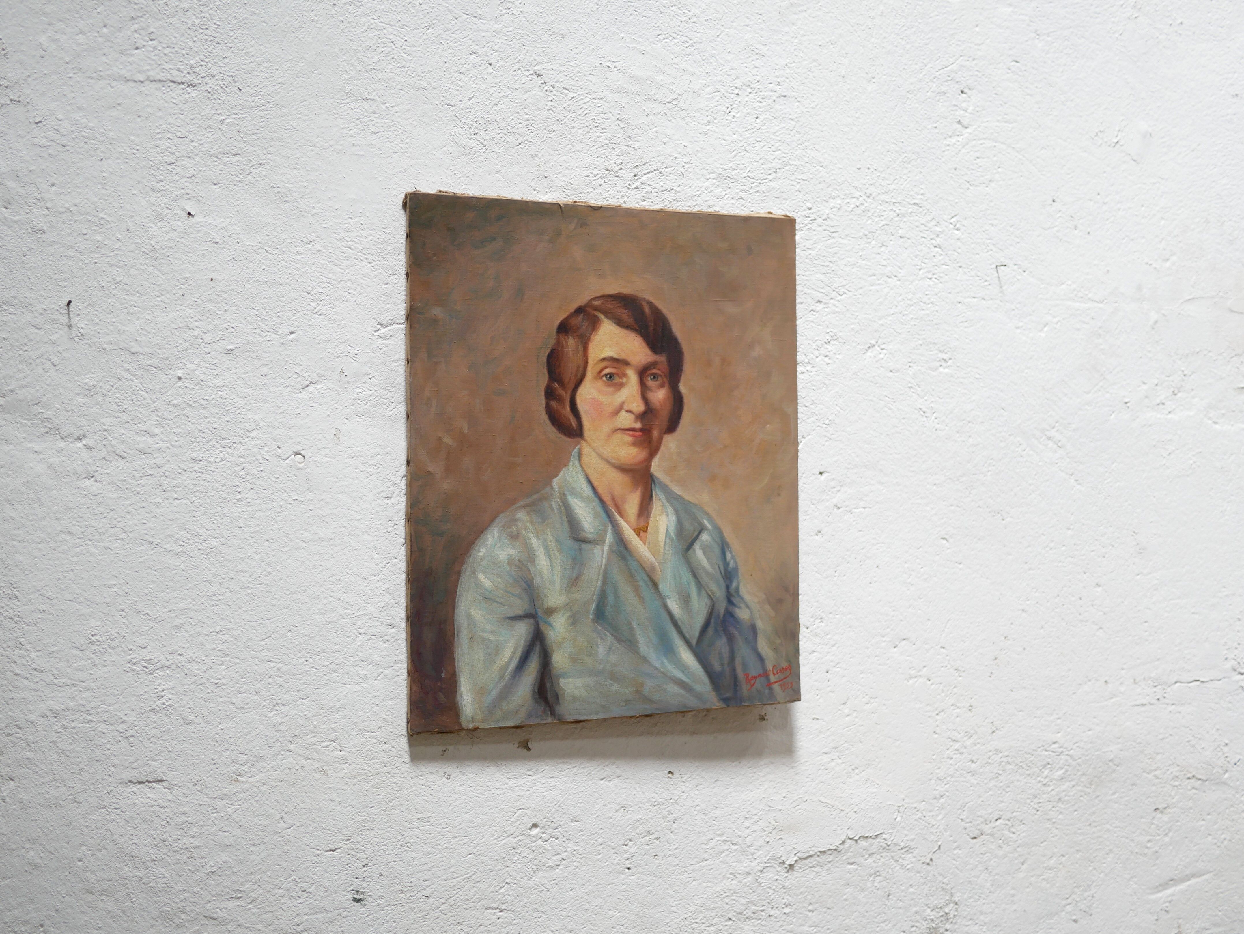 Portrait painting, Painting on old canvas signed Raymond Casez