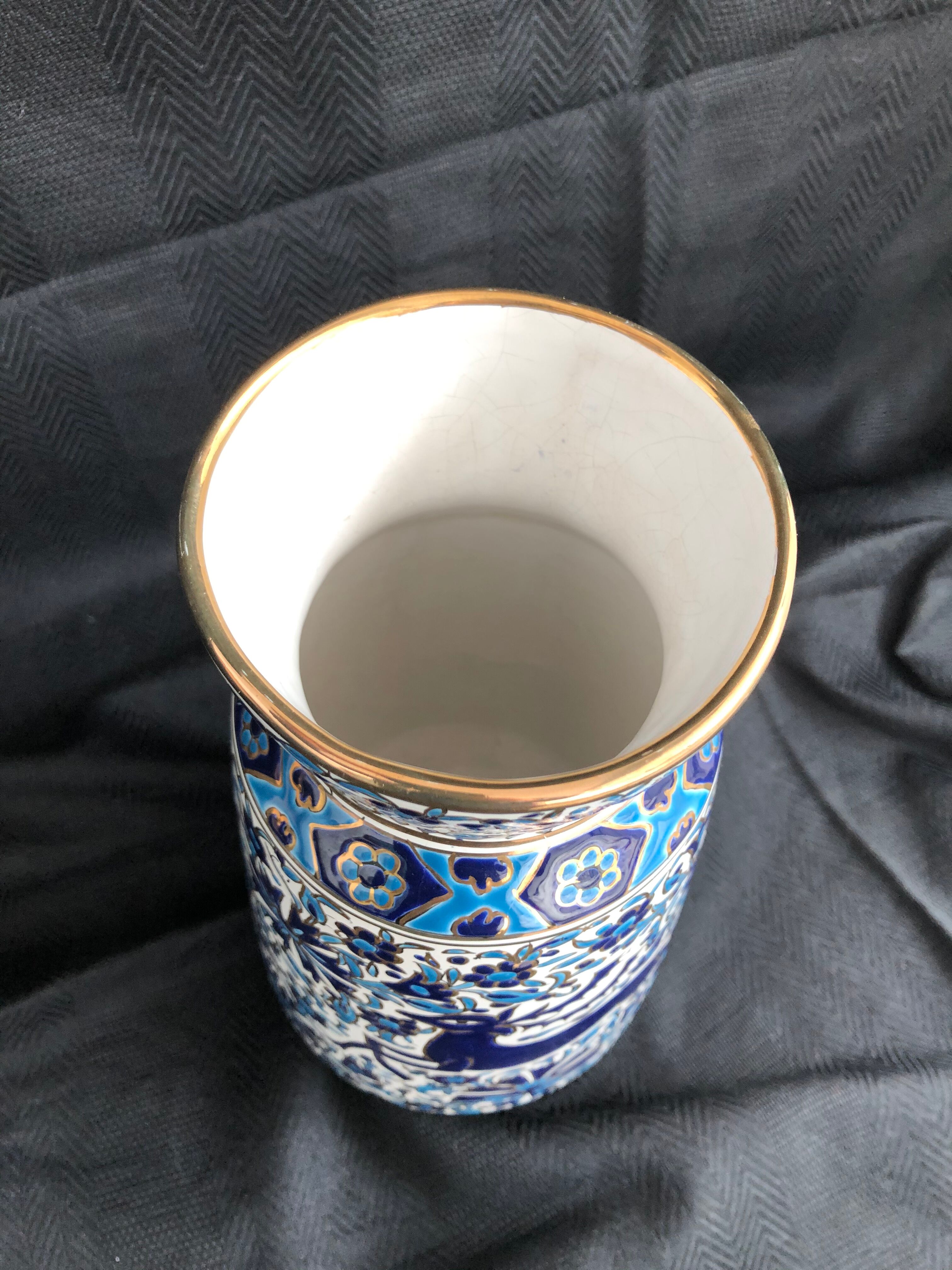 Vase grec vintage Nassos Hellas Rodos or bleu et blanc