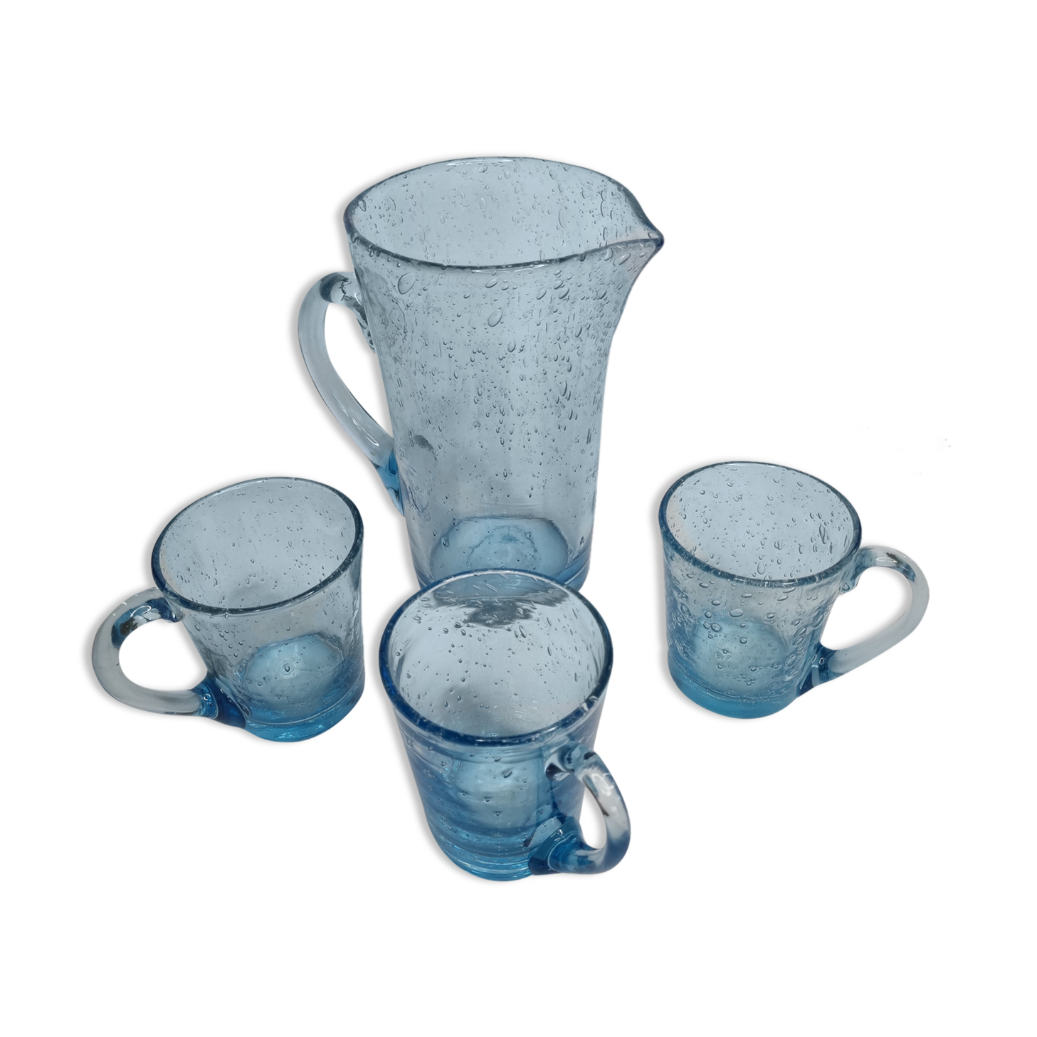 Orangeade service in bulled glass, a carafe and three glasses, Biot glassware