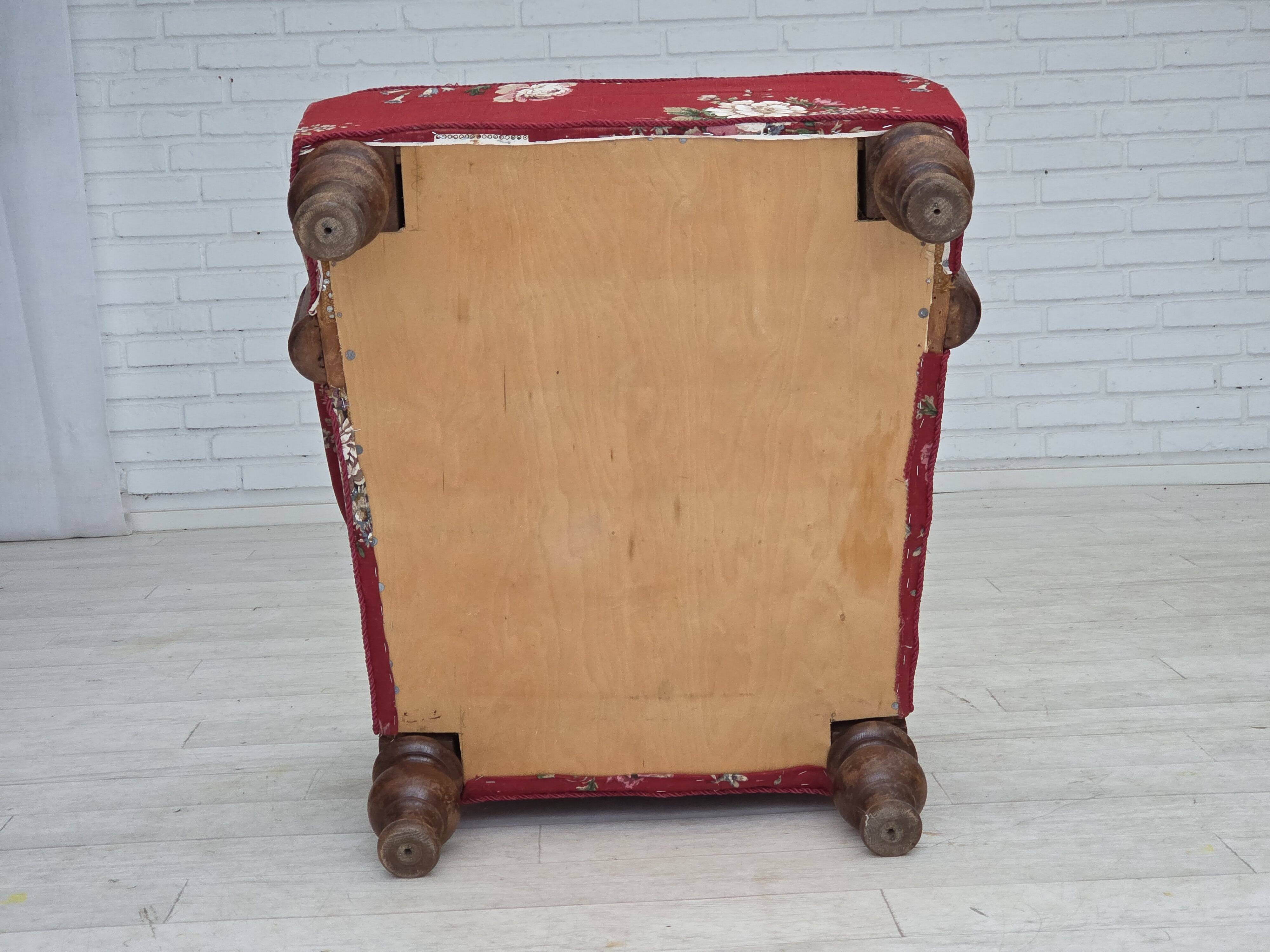 1920-30s, Danish armchair, furniture cotton fabric, hand carved oak wood.