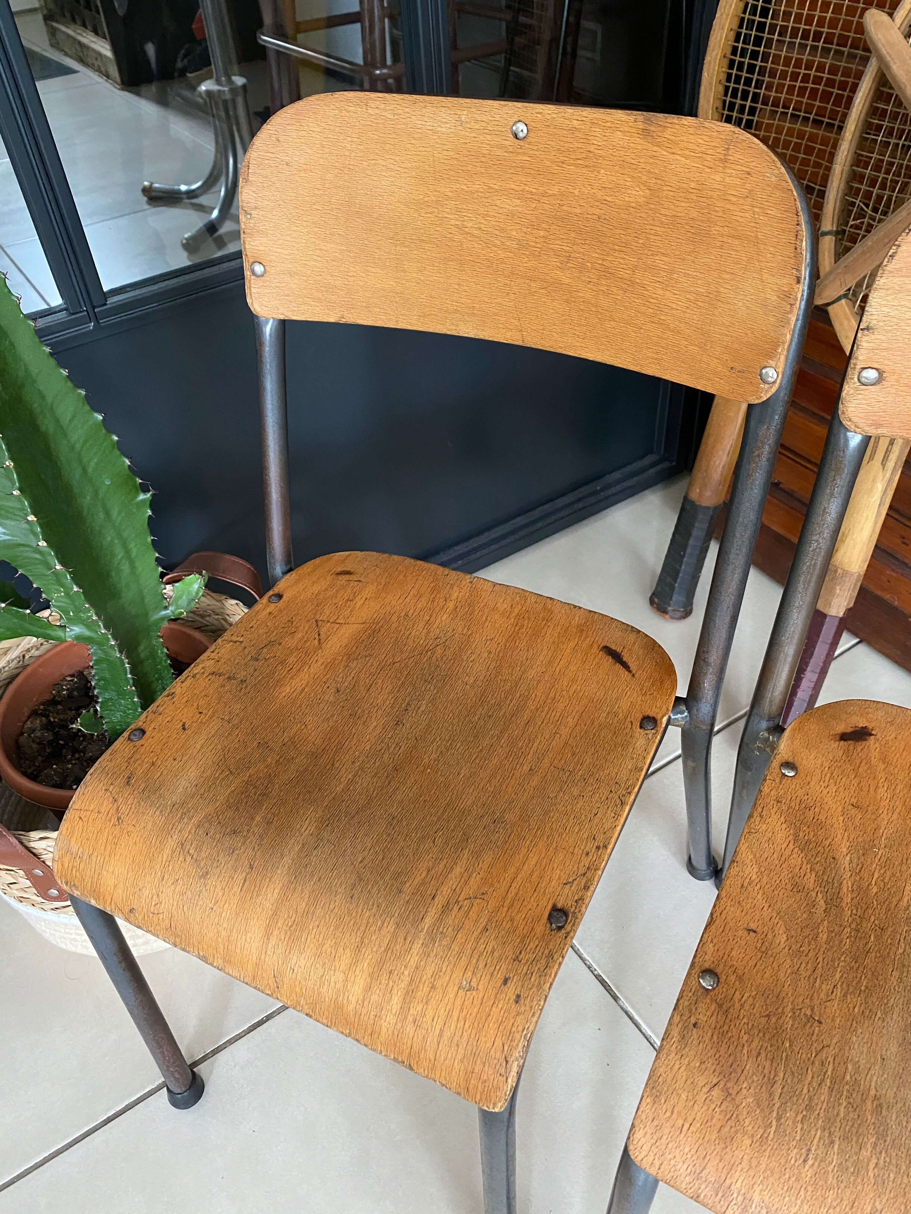 Pair of wooden and metal children's chairs