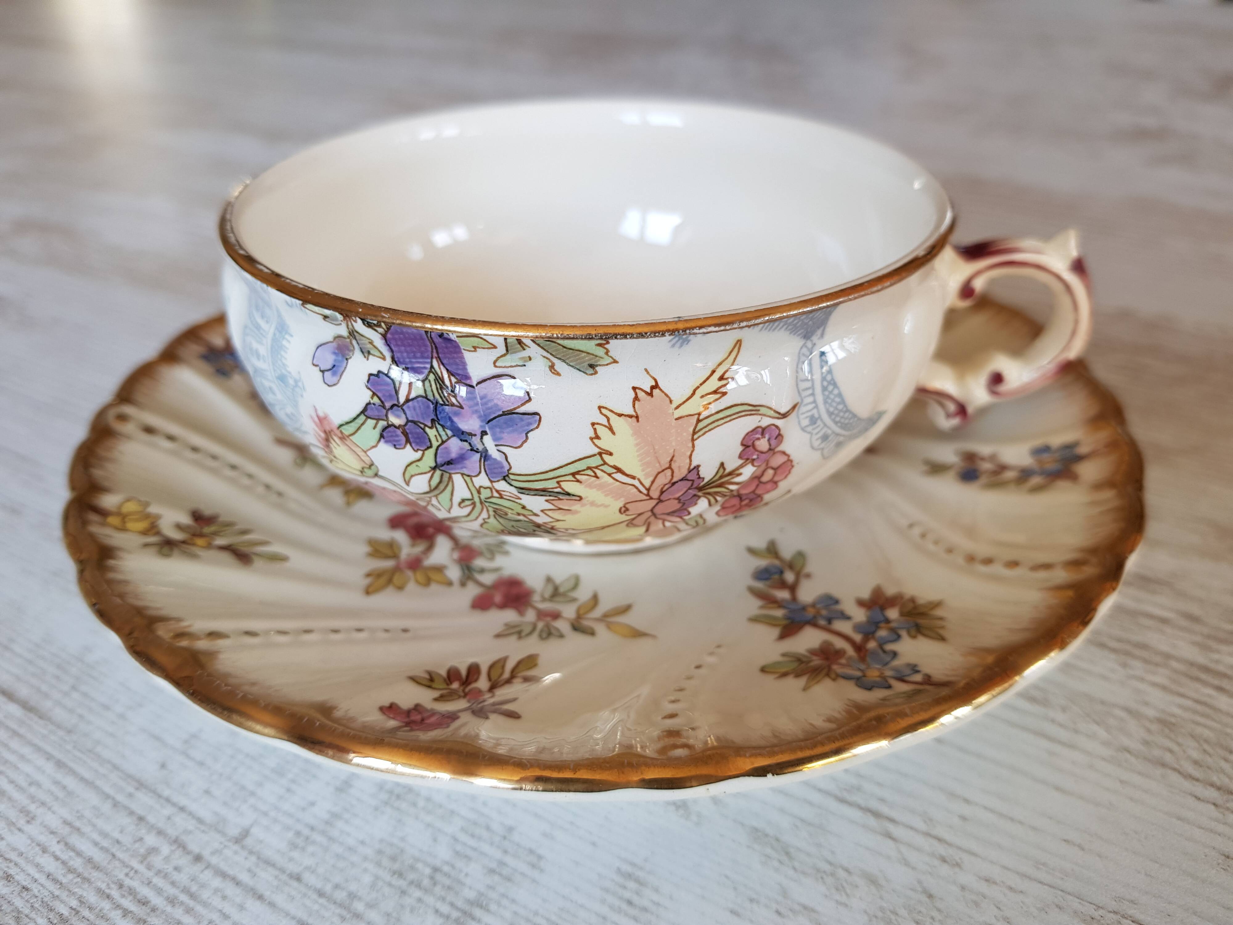 Rare 19th century cup and saucer, Sarreguemines earthenware, Louis XV model