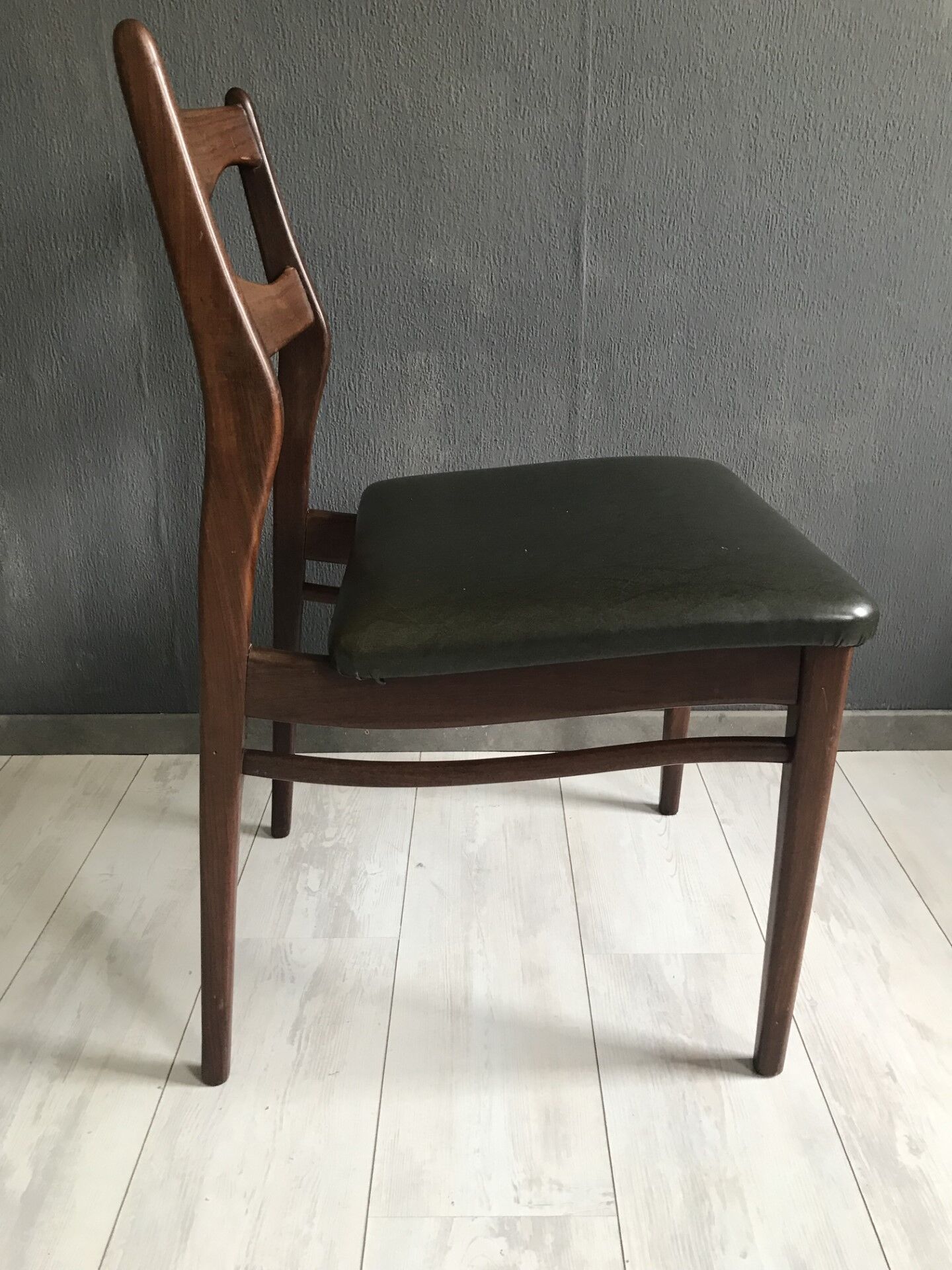 4 vintage teak dining chairs, dark green