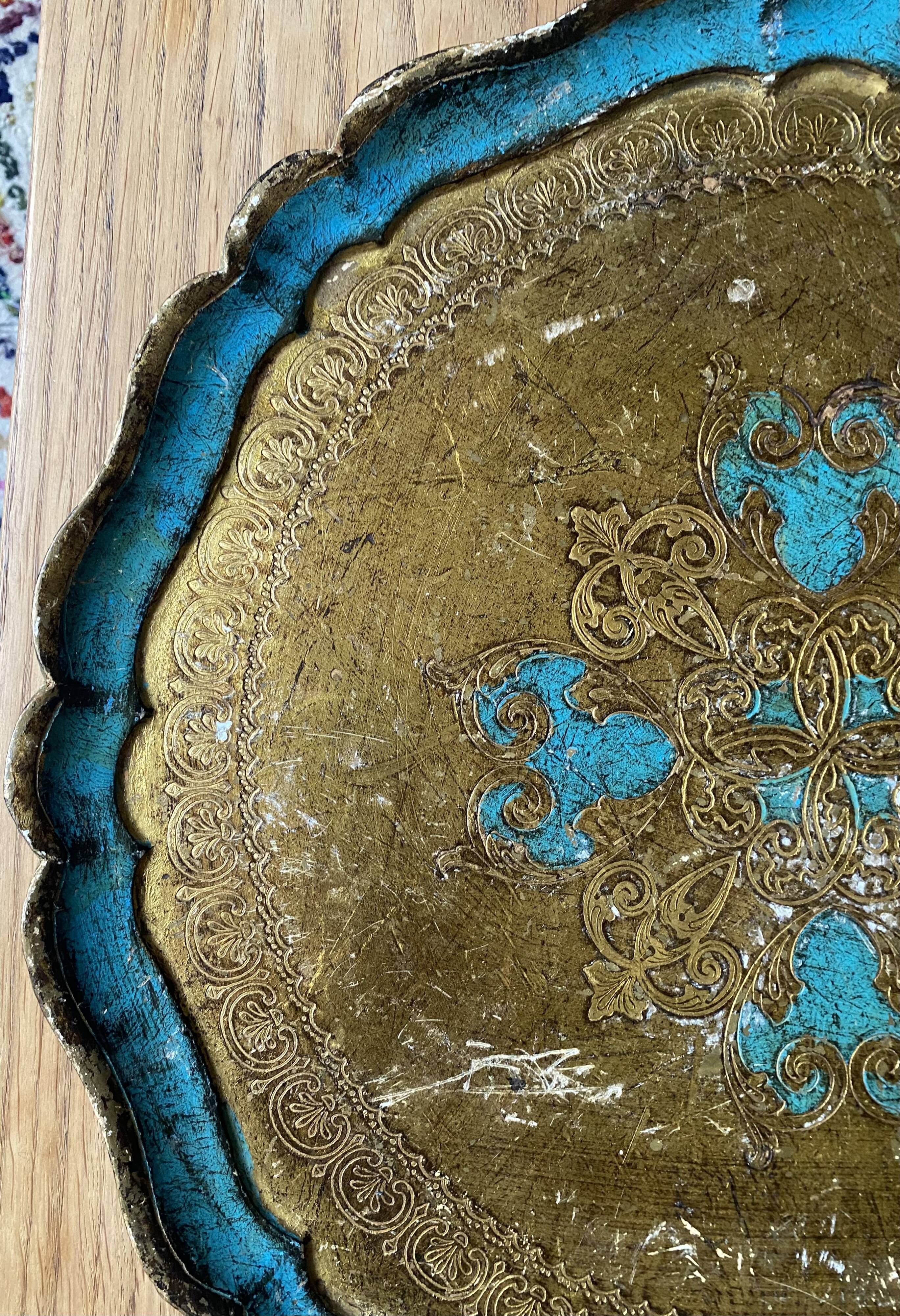 Florentine tray golden and turquoise blue