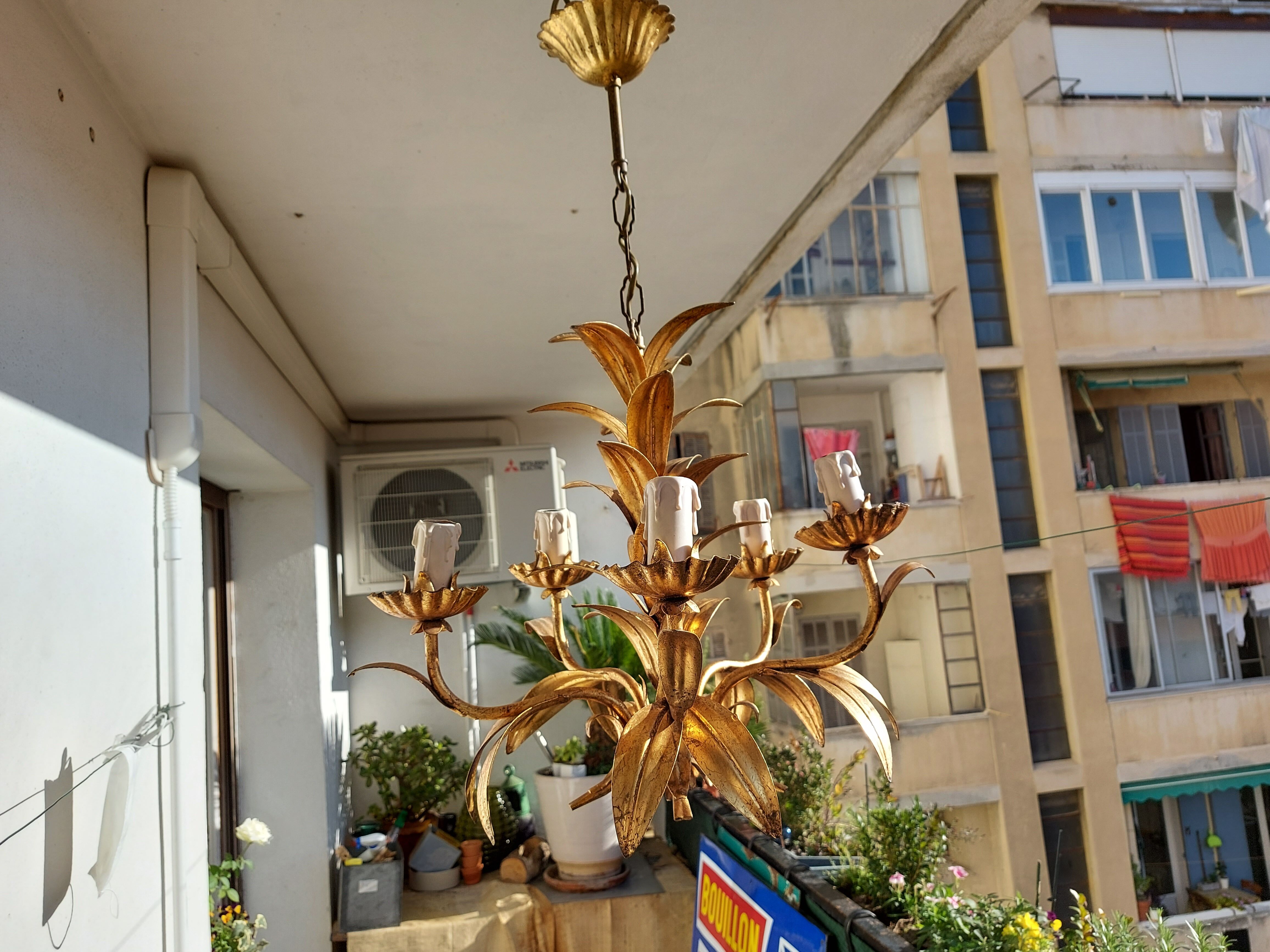 Chandelier gilded metal leaves by Hans Kogl, 1970's