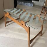 Set of two Italian wooden tables with glass top