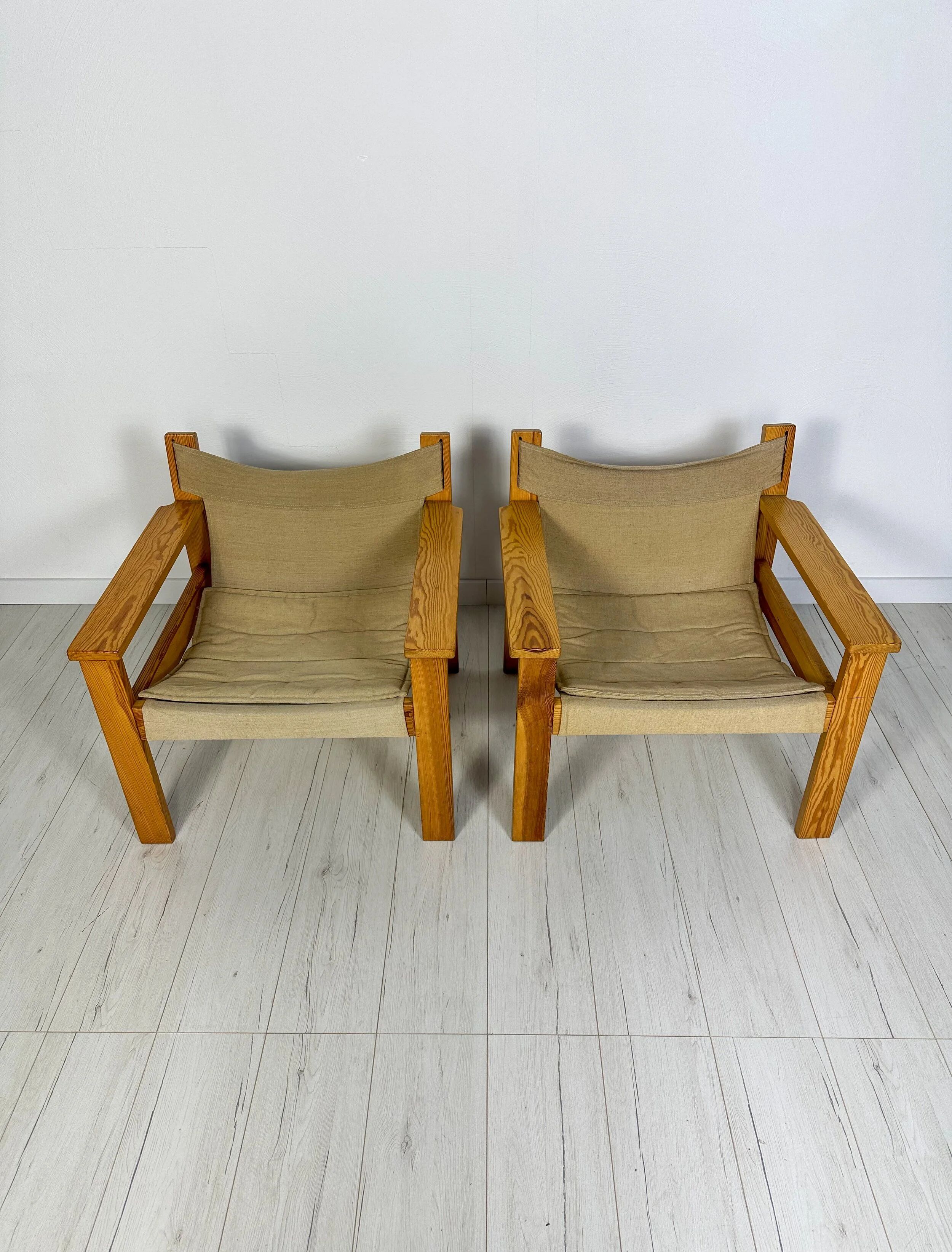 '70s set of 2 pine & canvas lounge chairs by Erik Wørts for IKEA
