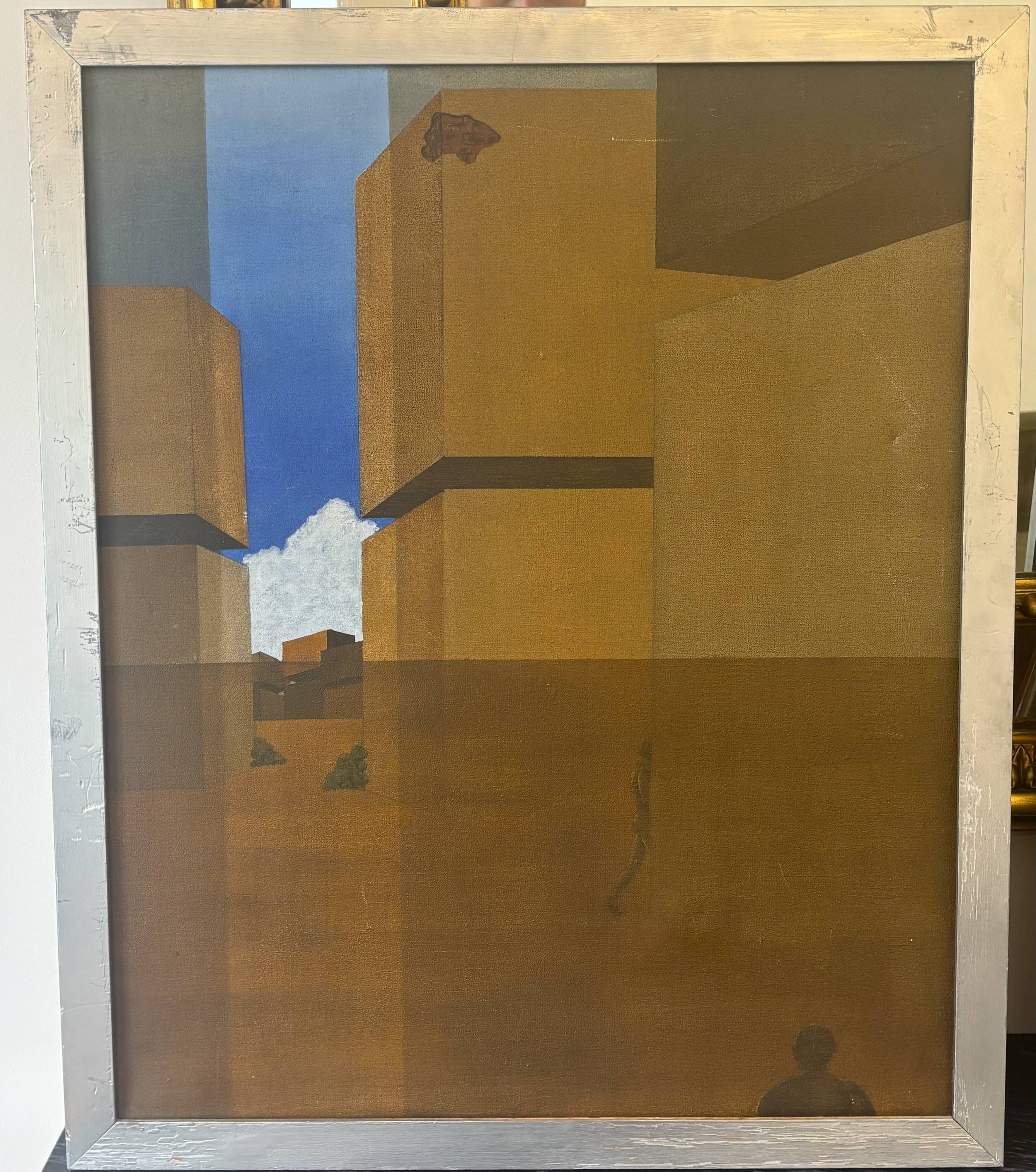 Pair of geometric surrealist modernist paintings
